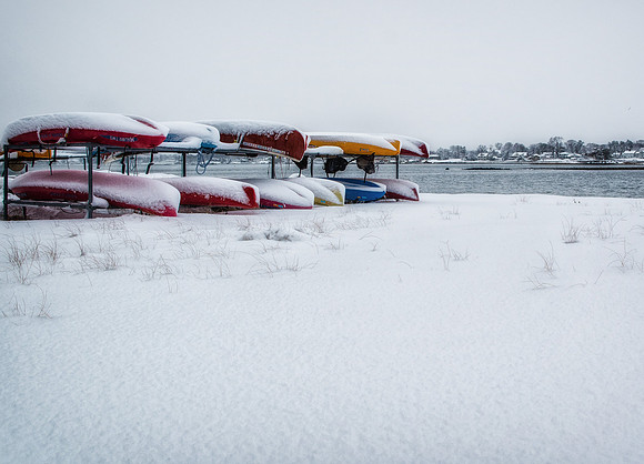 kayaks at tod's point, old greenwich, ct, in winter